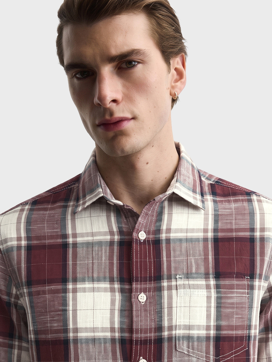 Men's Maroon Slim Fit Checkered Casual Shirt