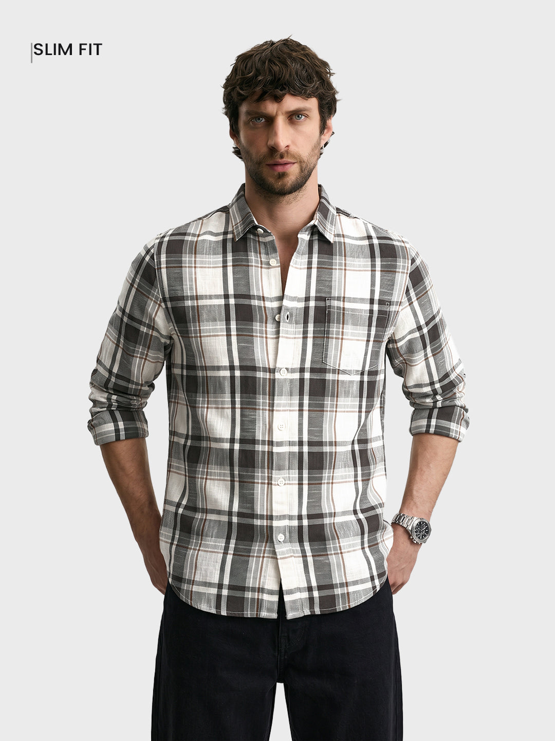 Men's Grey Slim Fit Checkered Casual Shirt
