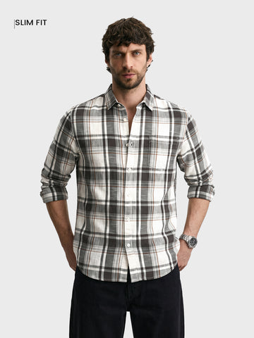 Men's Grey Slim Fit Checkered Casual Shirt