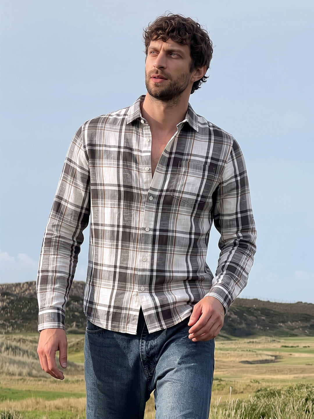 Men's Grey Slim Fit Checkered Casual Shirt