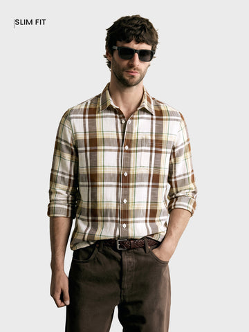Men's Khaki Slim Fit Checkered Casual Shirt