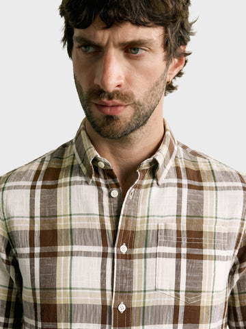 Men's Khaki Slim Fit Checkered Casual Shirt