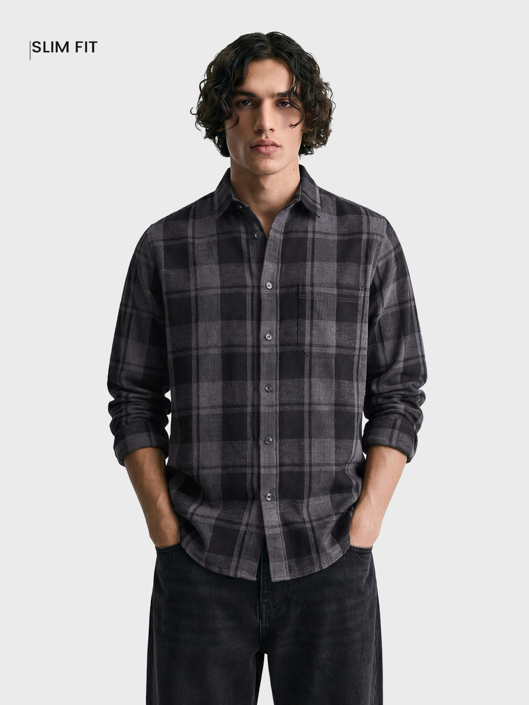 Men's Grey Slim Fit Checkered Casual Shirt