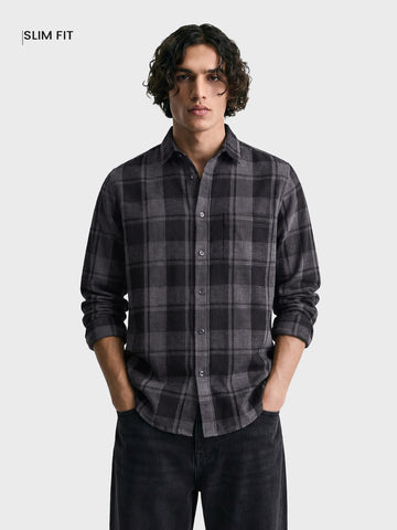 Men's Grey Slim Fit Checkered Casual Shirt