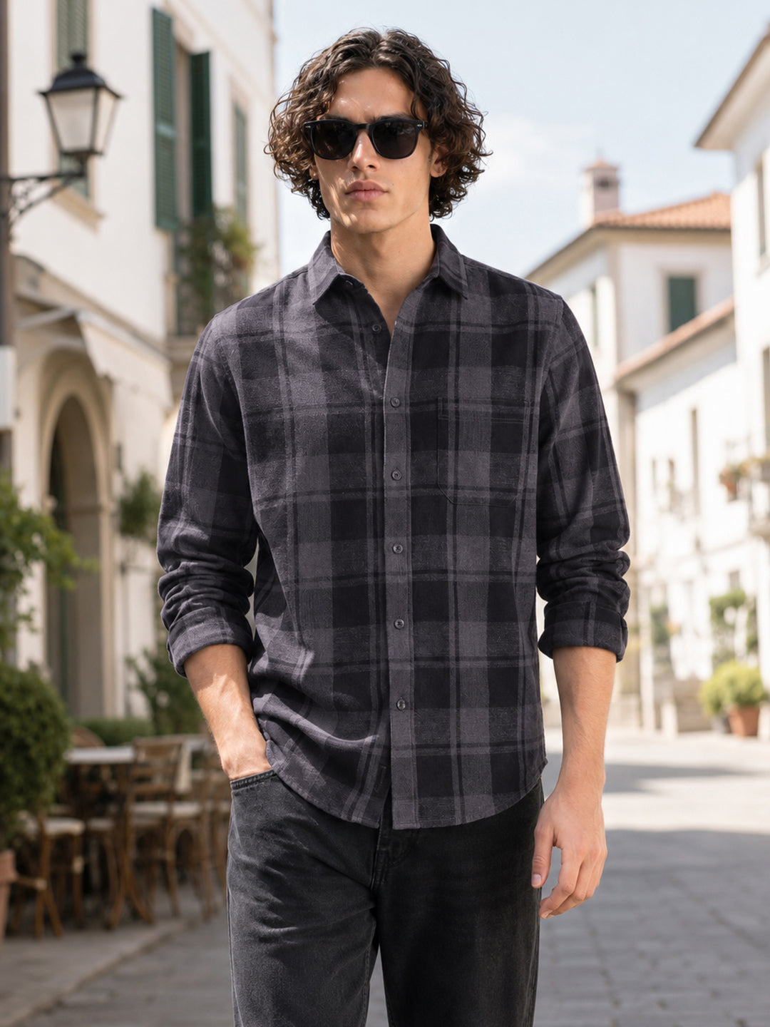 Men's Grey Slim Fit Checkered Casual Shirt