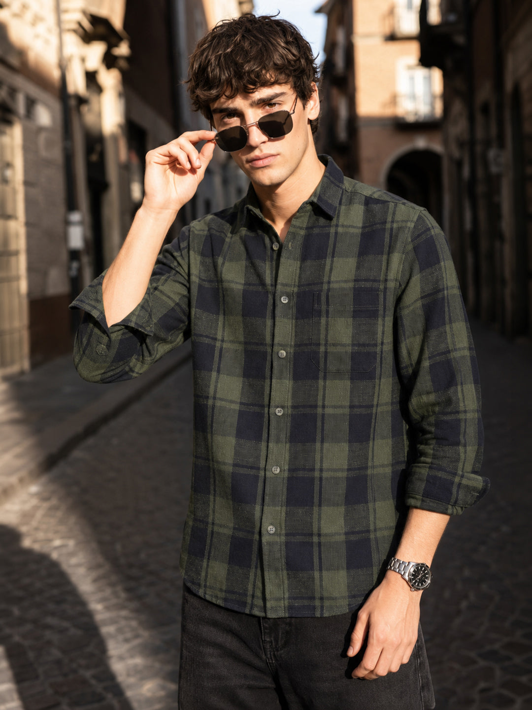 Men's Green Slim Fit Checkered Casual Shirt