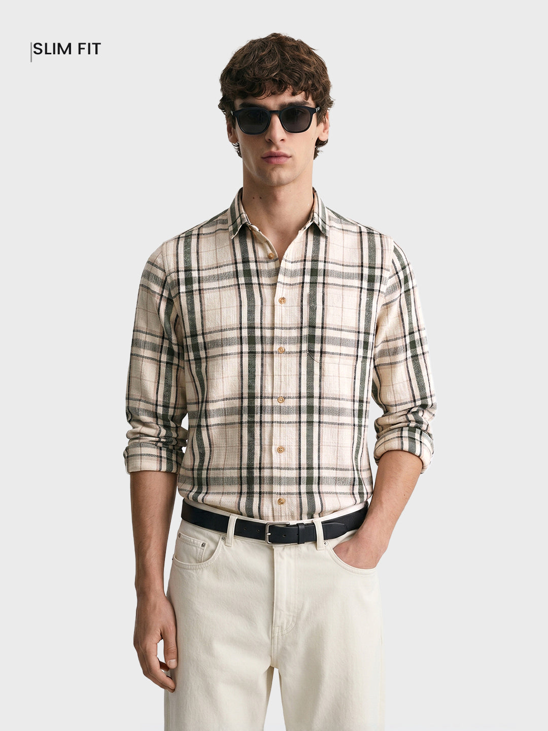 Men's Cream Slim Fit Checkered Casual Shirt