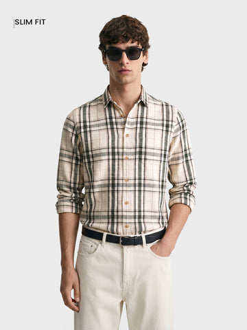 Men's Cream Slim Fit Checkered Casual Shirt