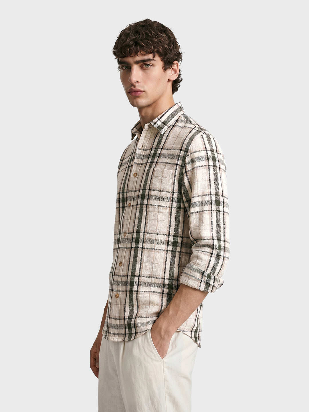 Men's Cream Slim Fit Checkered Casual Shirt