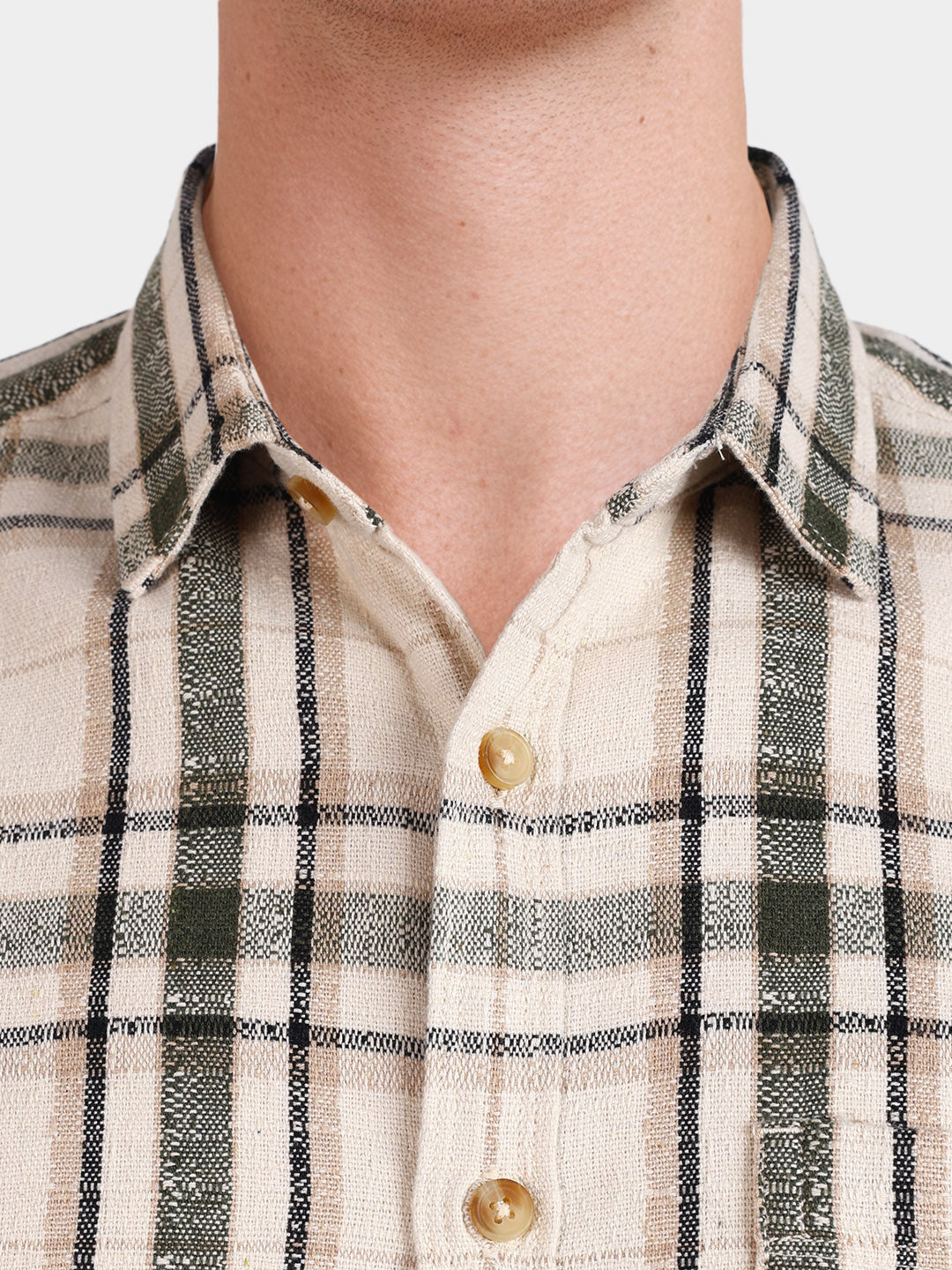 Men's Cream Slim Fit Checkered Casual Shirt