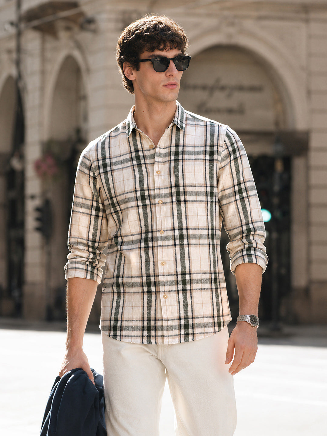 Men's Cream Slim Fit Checkered Casual Shirt