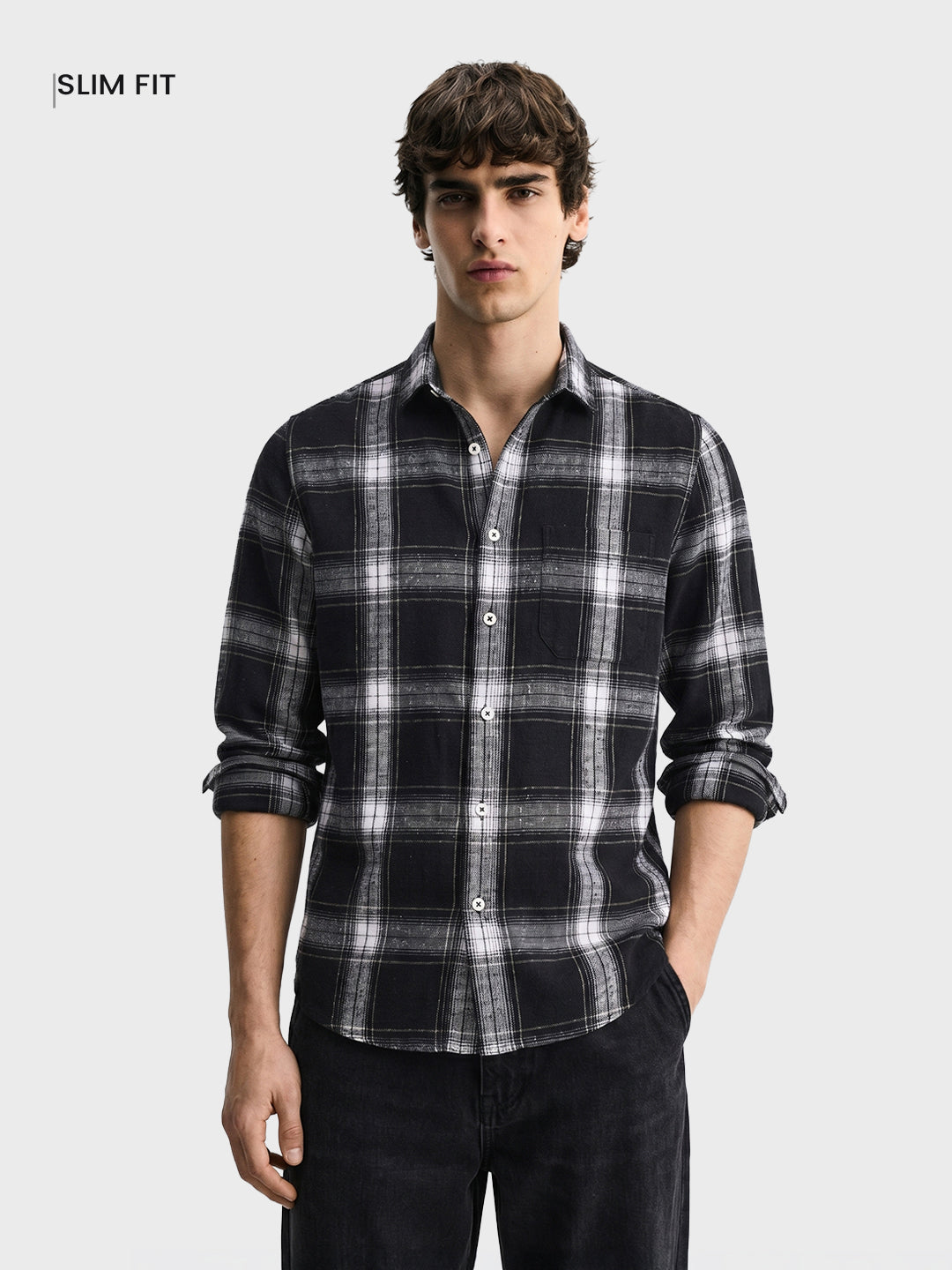 Men's Black Slim Fit Checkered Casual Shirt