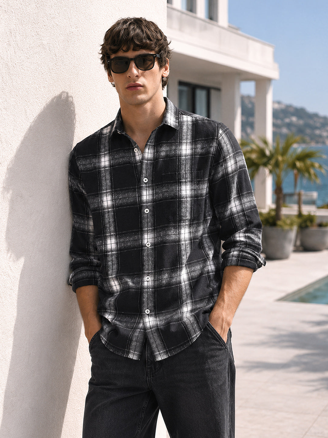 Men's Black Slim Fit Checkered Casual Shirt