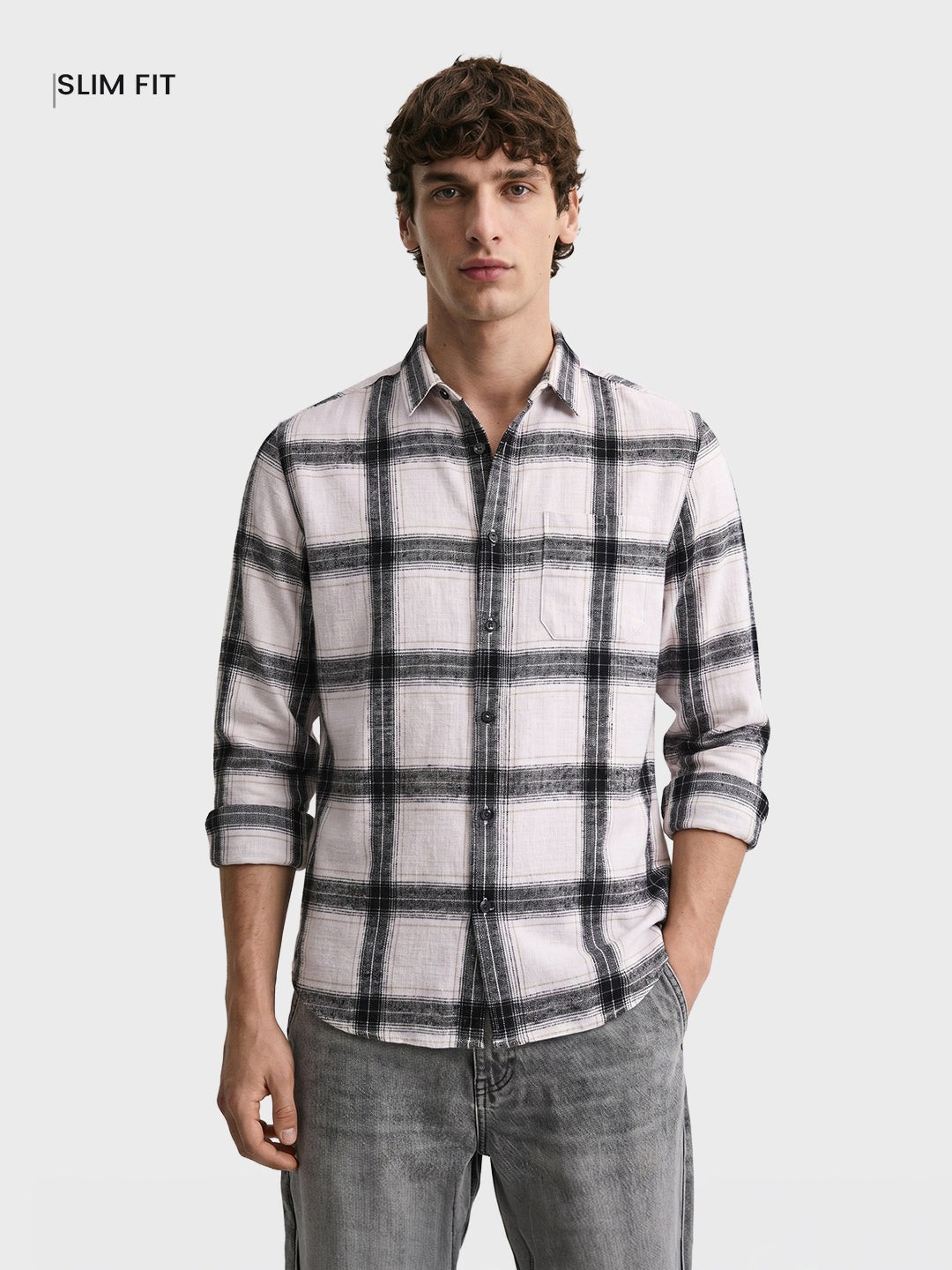 Men's White Slim Fit Checkered Casual Shirt