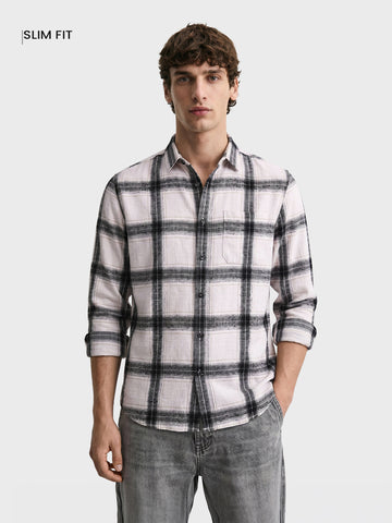 Men's White Slim Fit Checkered Casual Shirt