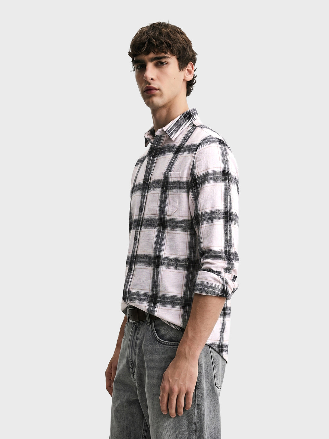 Men's White Slim Fit Checkered Casual Shirt