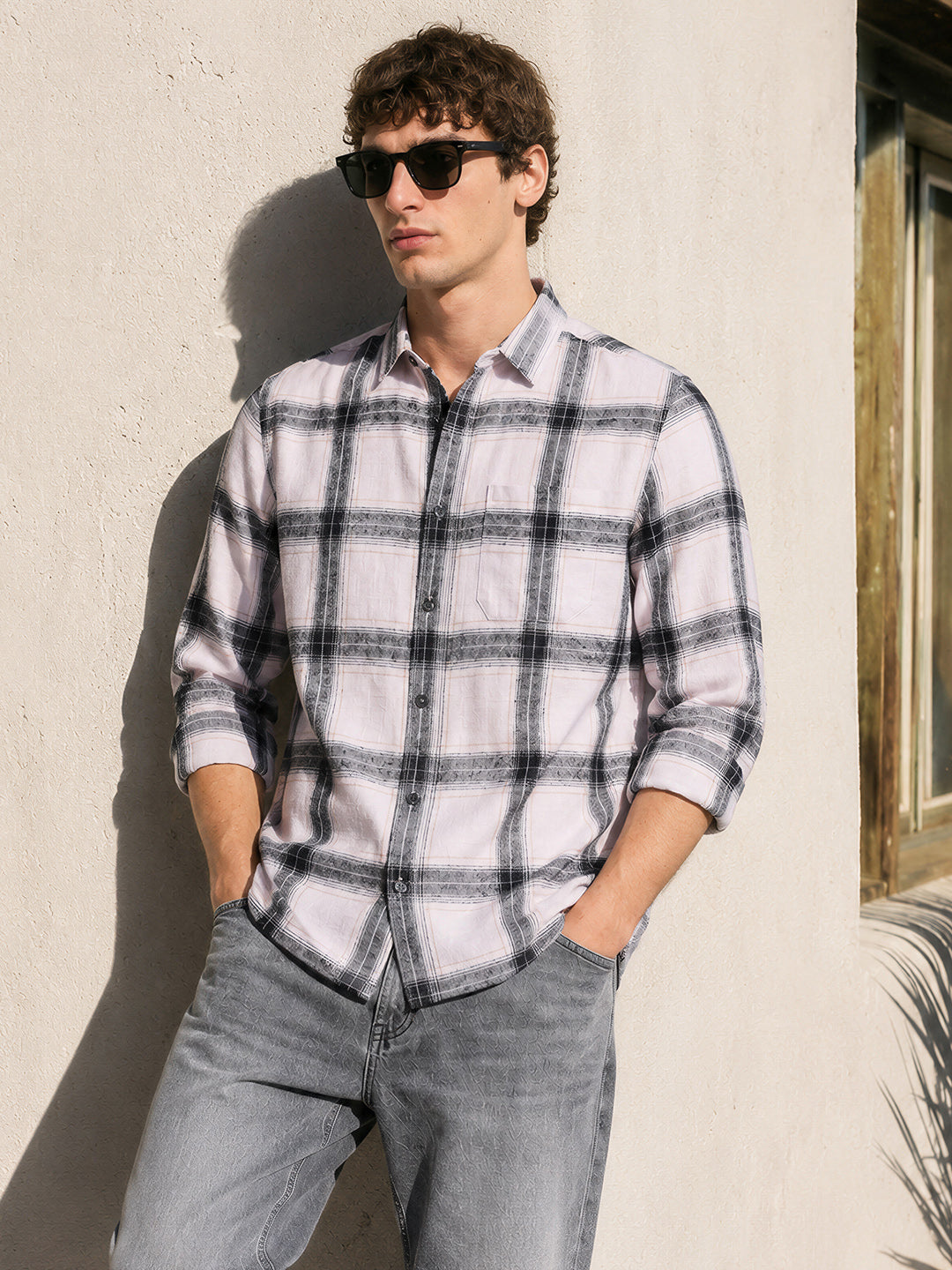 Men's White Slim Fit Checkered Casual Shirt