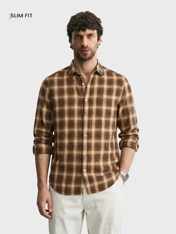 Men's Brown Slim Fit Checkered Casual Shirt