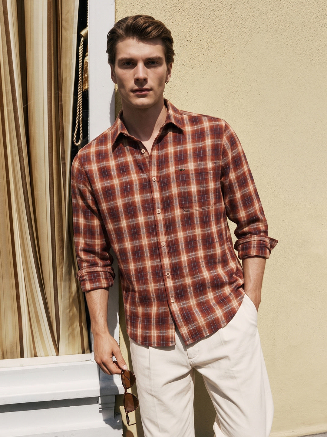 Men's Rust Slim Fit Checkered Casual Shirt