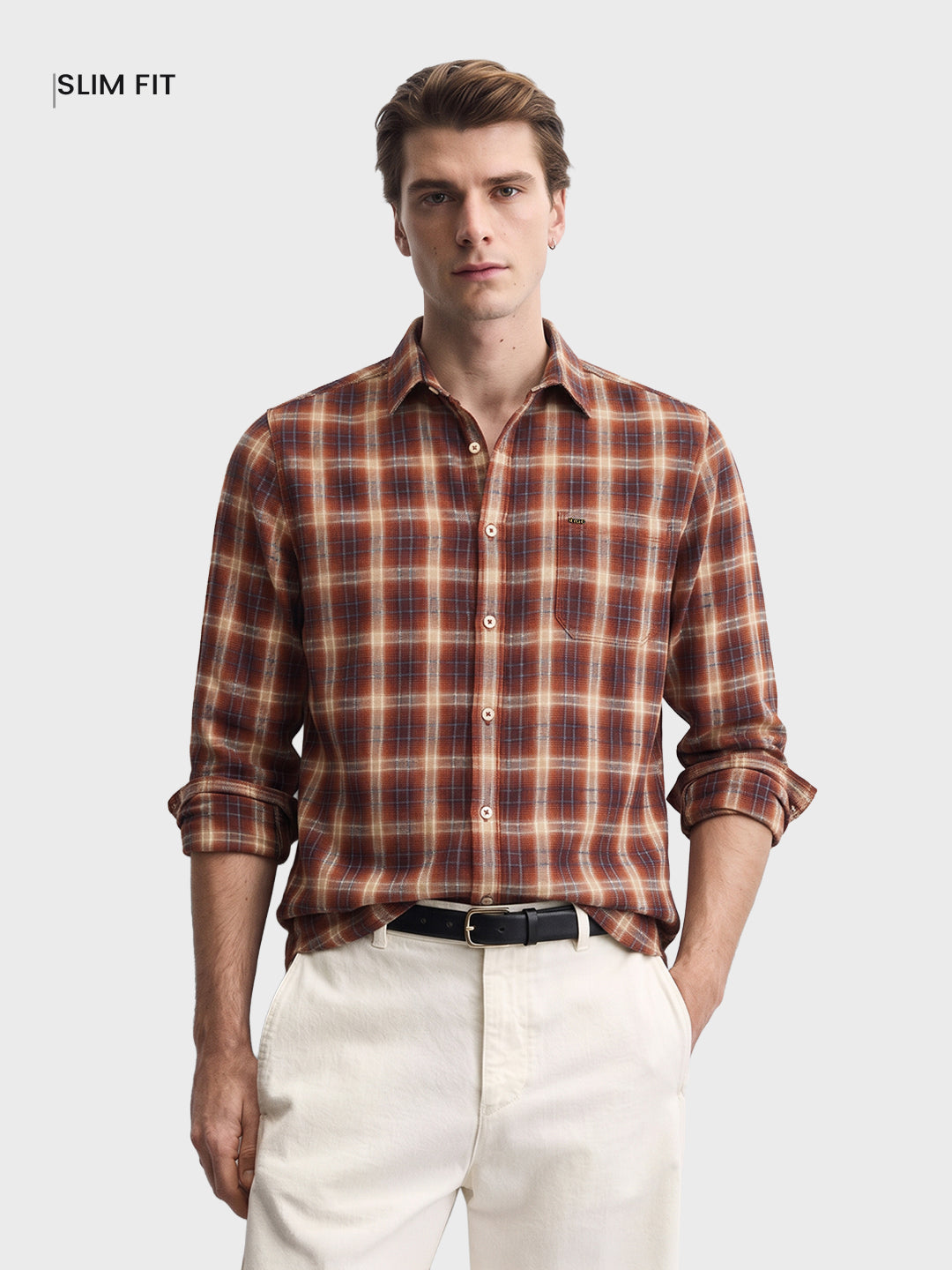 Men's Rust Slim Fit Checkered Casual Shirt