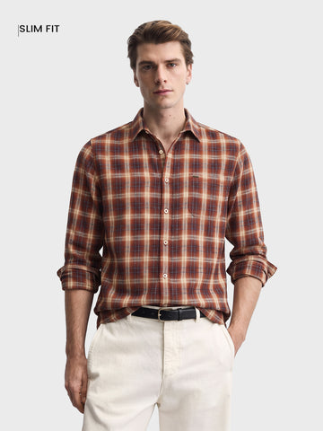 Men's Rust Slim Fit Checkered Casual Shirt