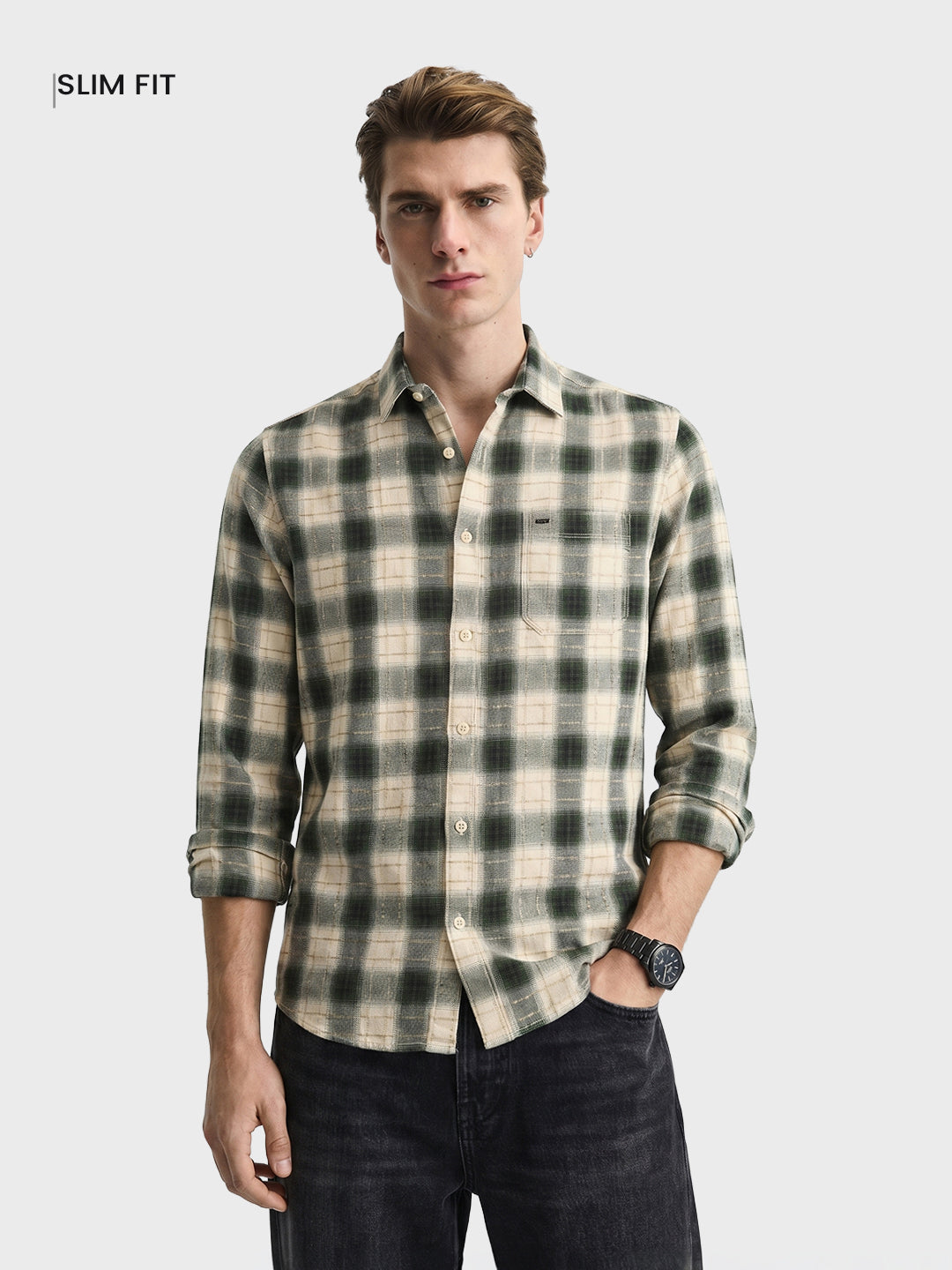 Men's Green Slim Fit Checkered Casual Shirt