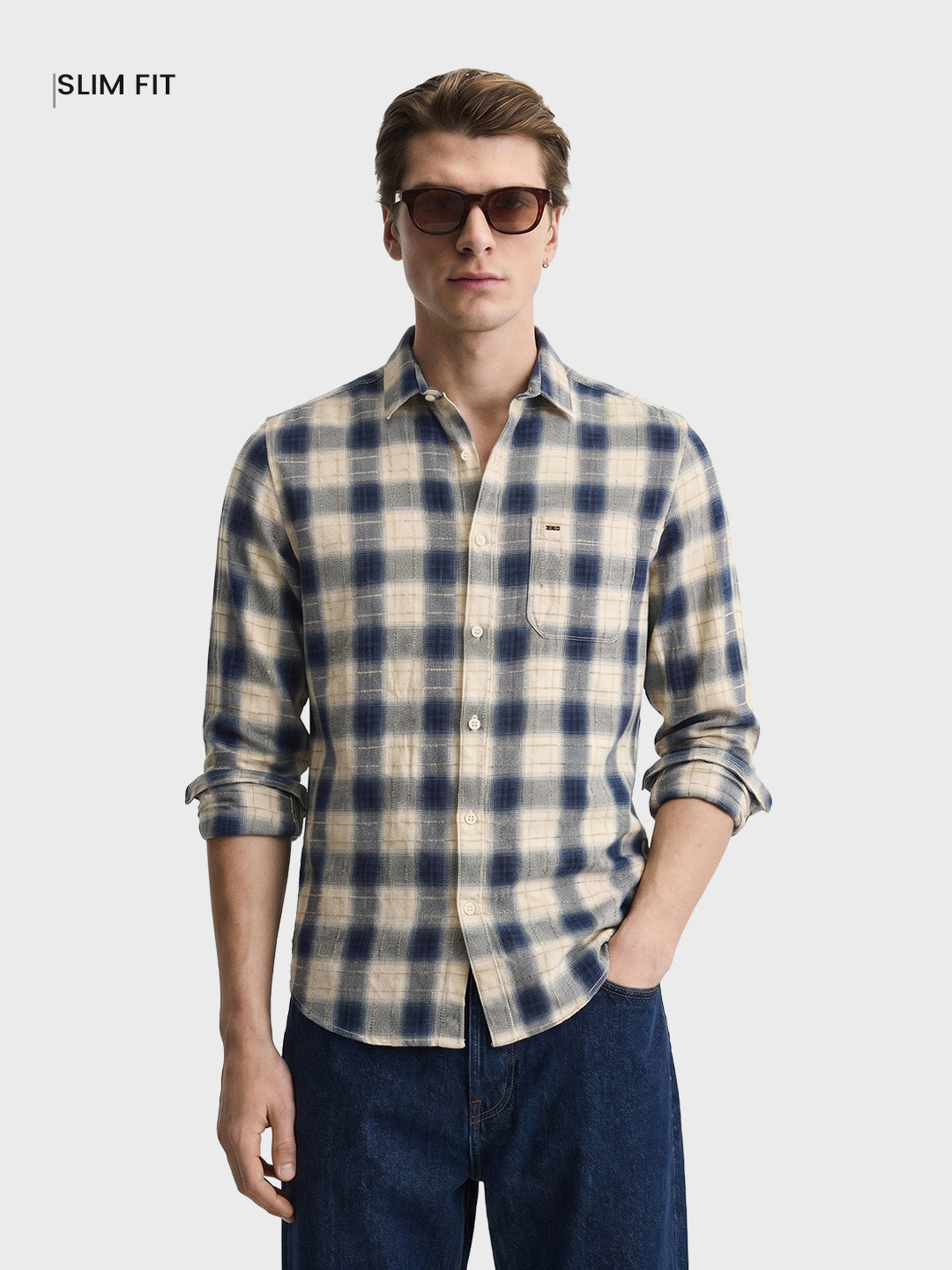 Men's Teal Slim Fit Checkered Casual Shirt
