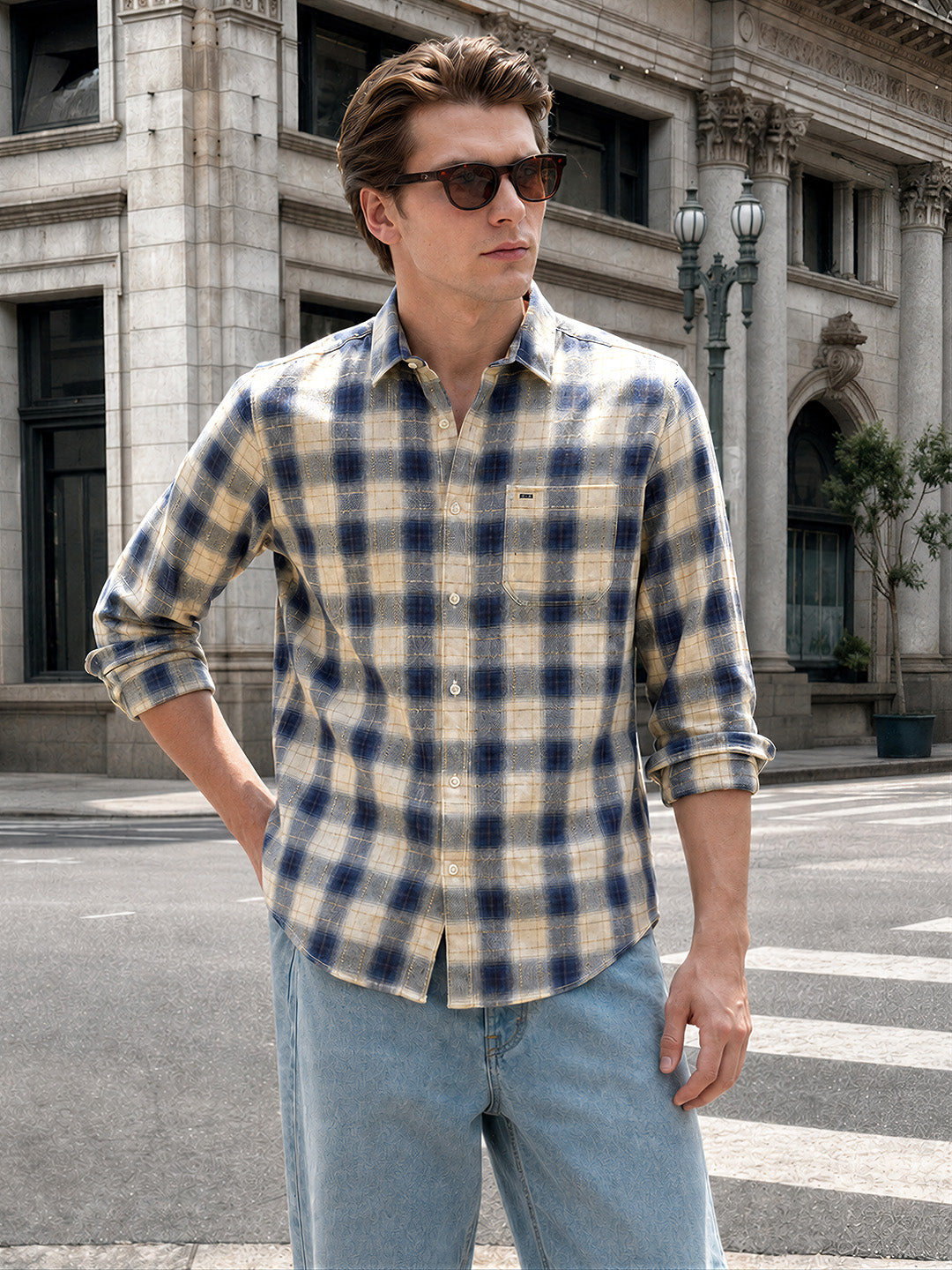 Men's Teal Slim Fit Checkered Casual Shirt