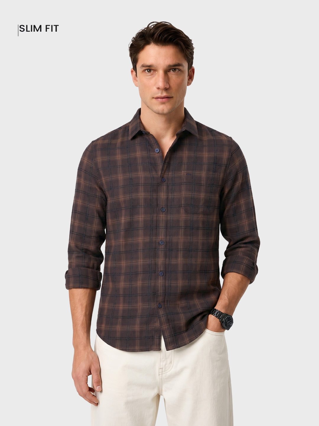 Men's Brown Slim Fit Checkered Casual Shirt