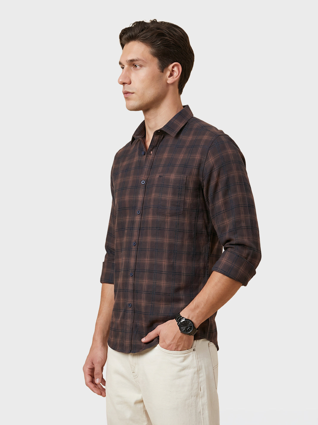 Men's Brown Slim Fit Checkered Casual Shirt
