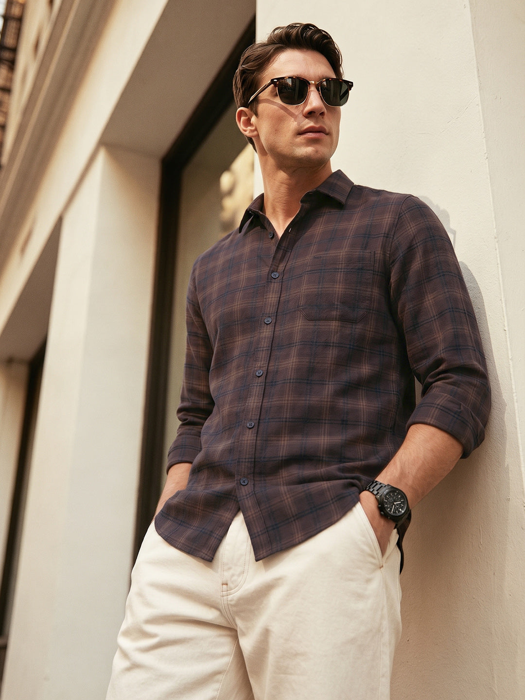 Men's Brown Slim Fit Checkered Casual Shirt