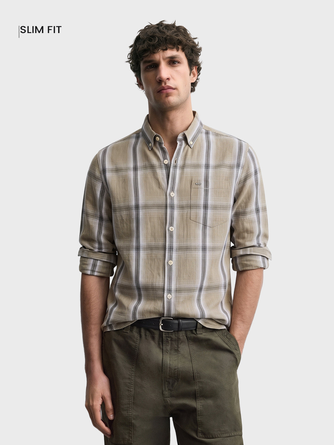 Men's Khaki Slim Fit Checkered Casual Shirt
