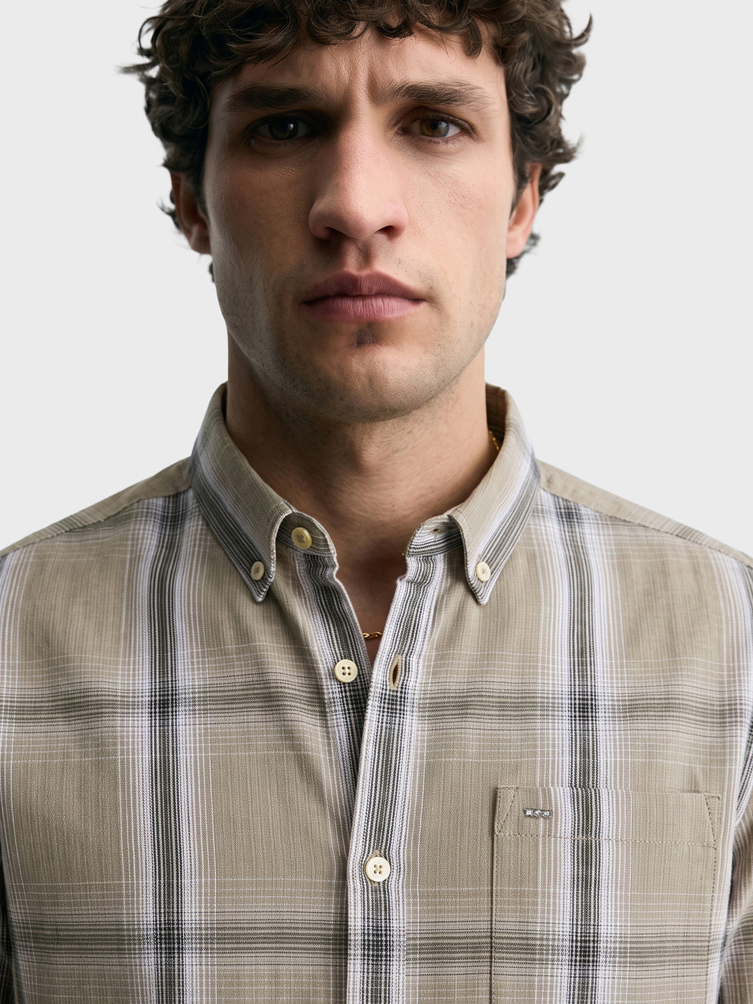 Men's Khaki Slim Fit Checkered Casual Shirt
