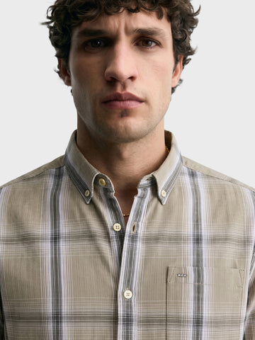 Men's Khaki Slim Fit Checkered Casual Shirt