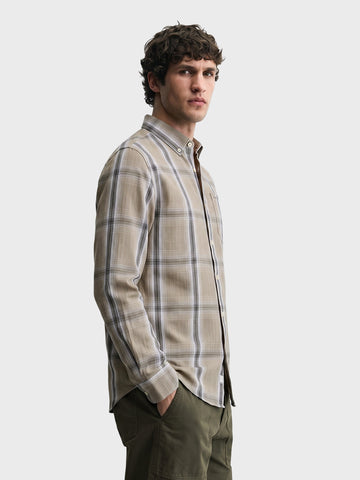 Men's Khaki Slim Fit Checkered Casual Shirt
