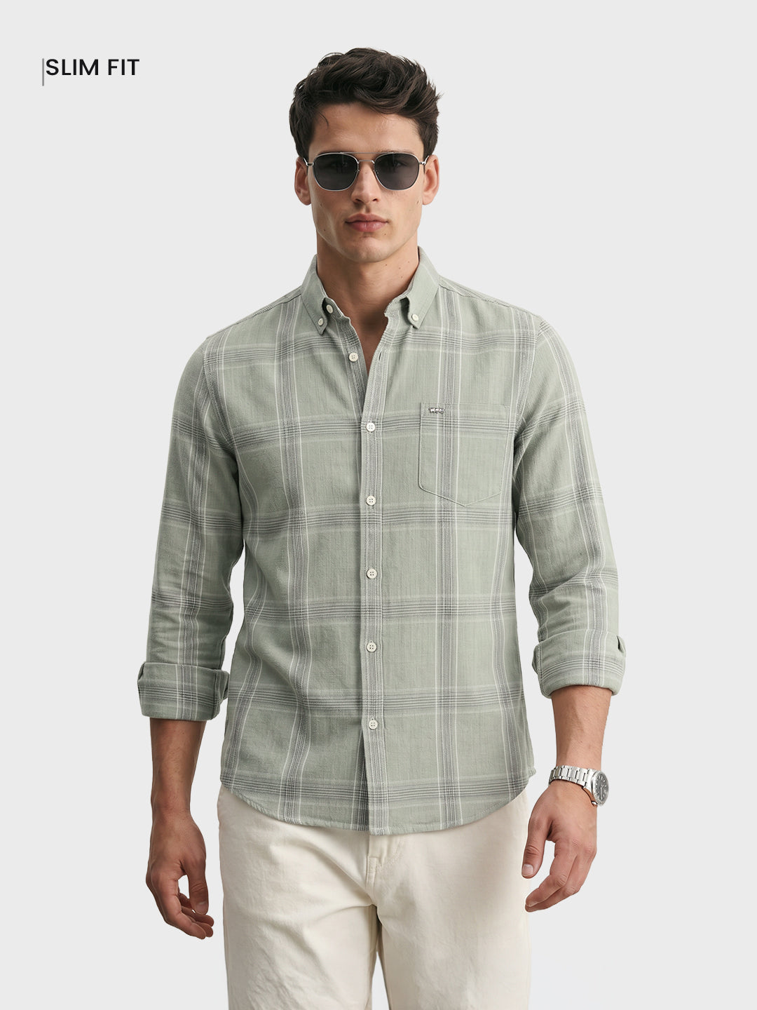 Men's Green Slim Fit Checkered Casual Shirt