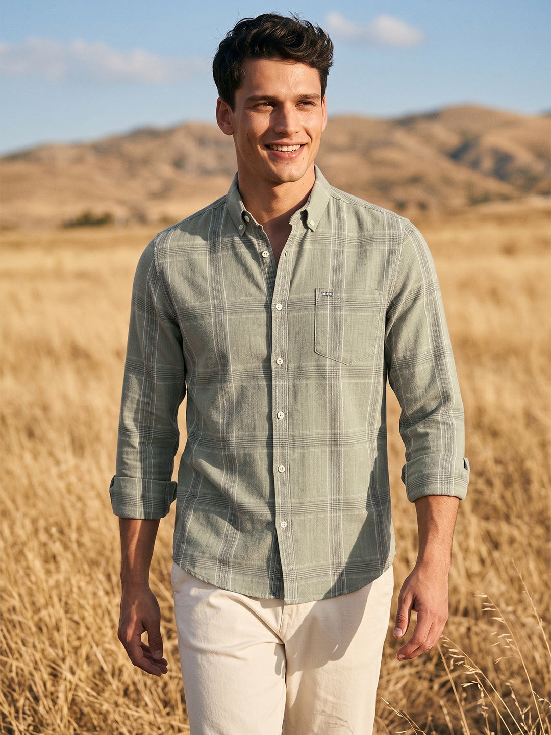 Men's Green Slim Fit Checkered Casual Shirt