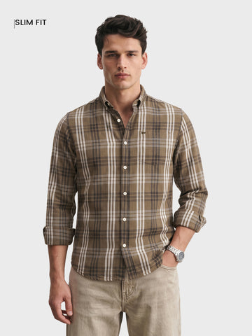 Men's Khaki Slim Fit Checkered Casual Shirt