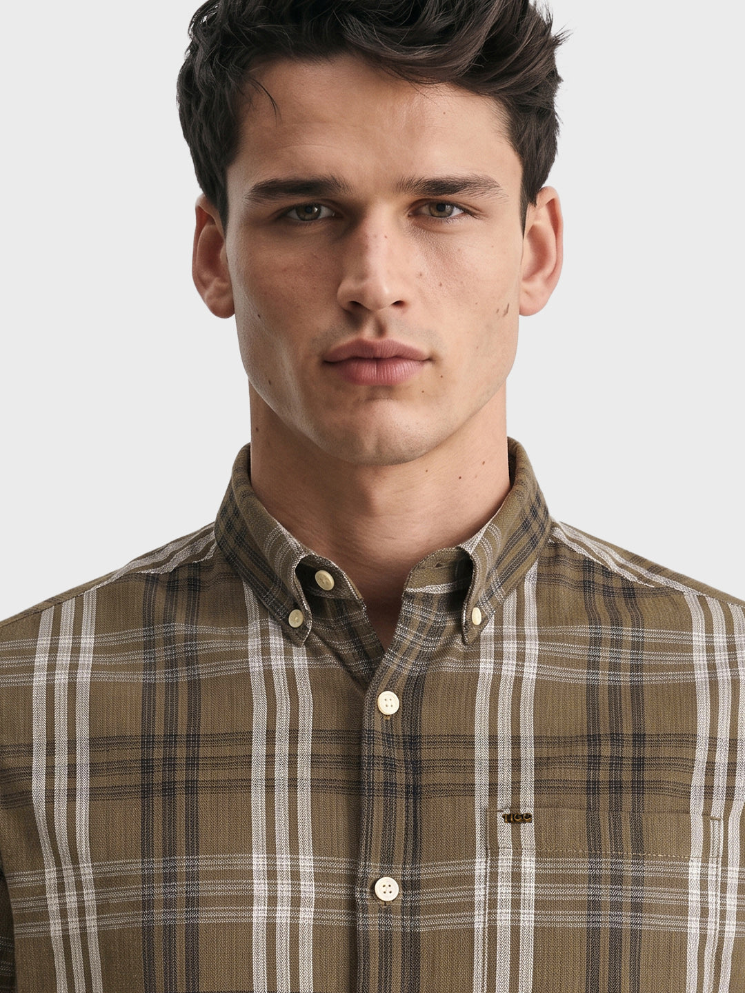 Men's Khaki Slim Fit Checkered Casual Shirt