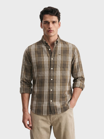 Men's Khaki Slim Fit Checkered Casual Shirt