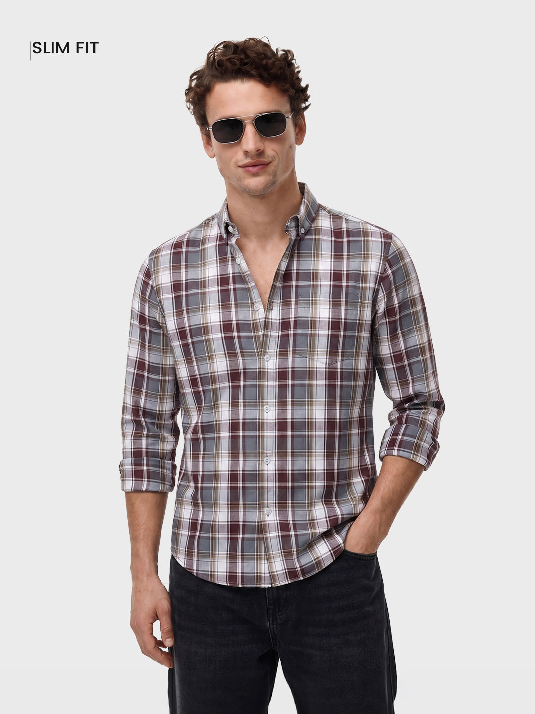 Men's Brown Slim Fit Checkered Casual Shirt