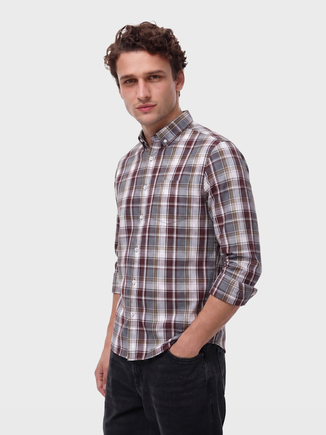 Men's Brown Slim Fit Checkered Casual Shirt