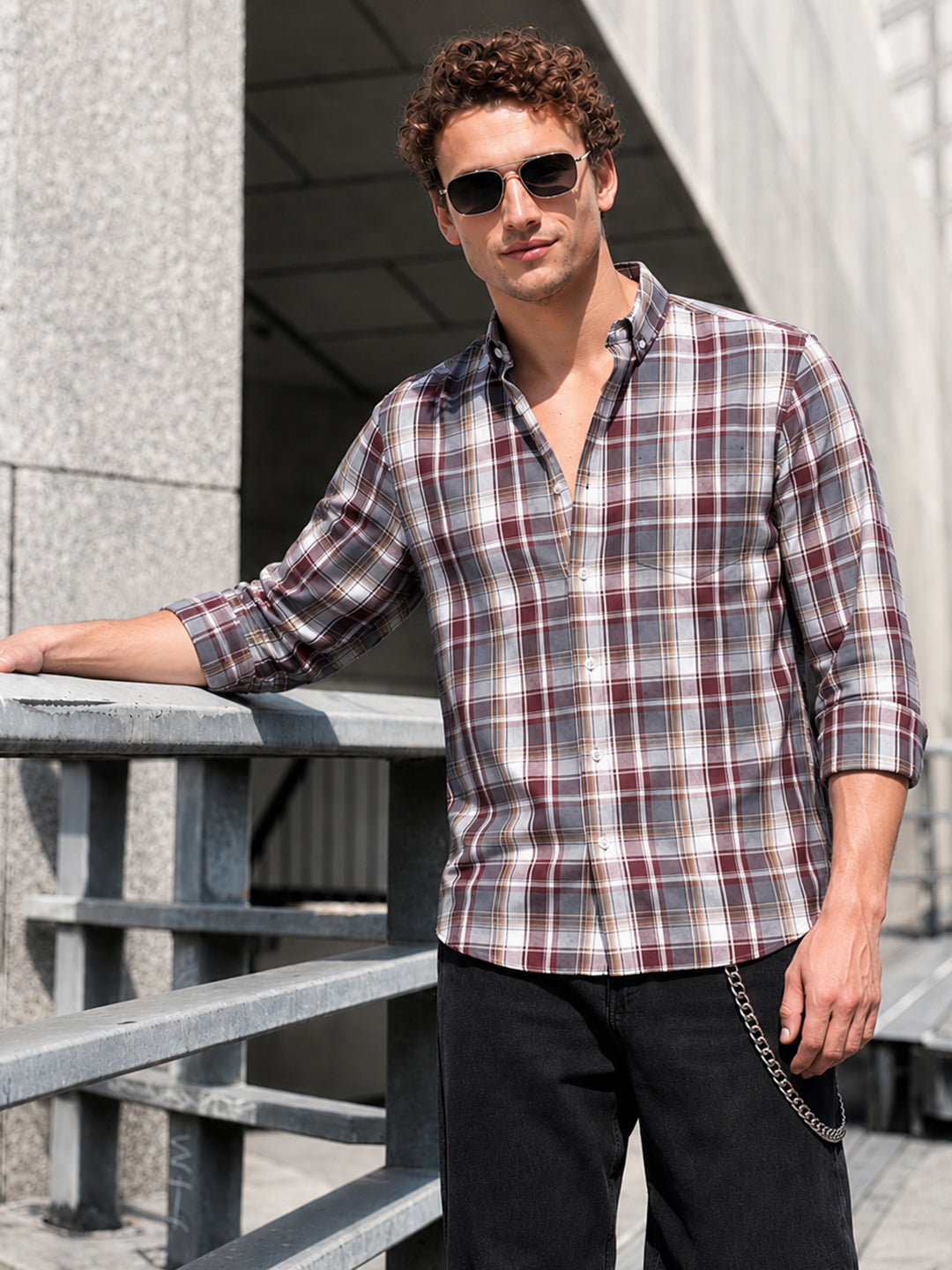 Men's Brown Slim Fit Checkered Casual Shirt