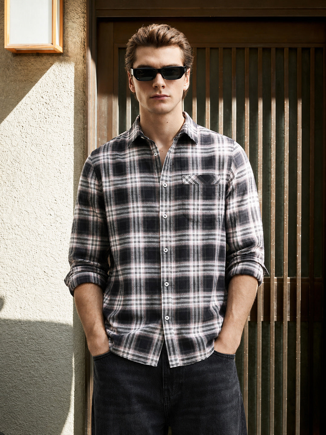 Men's Black Slim Fit Checkered Casual Shirt