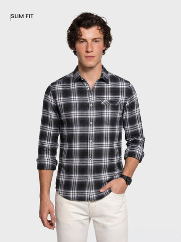 Men's Black Slim Fit Checkered Casual Shirt