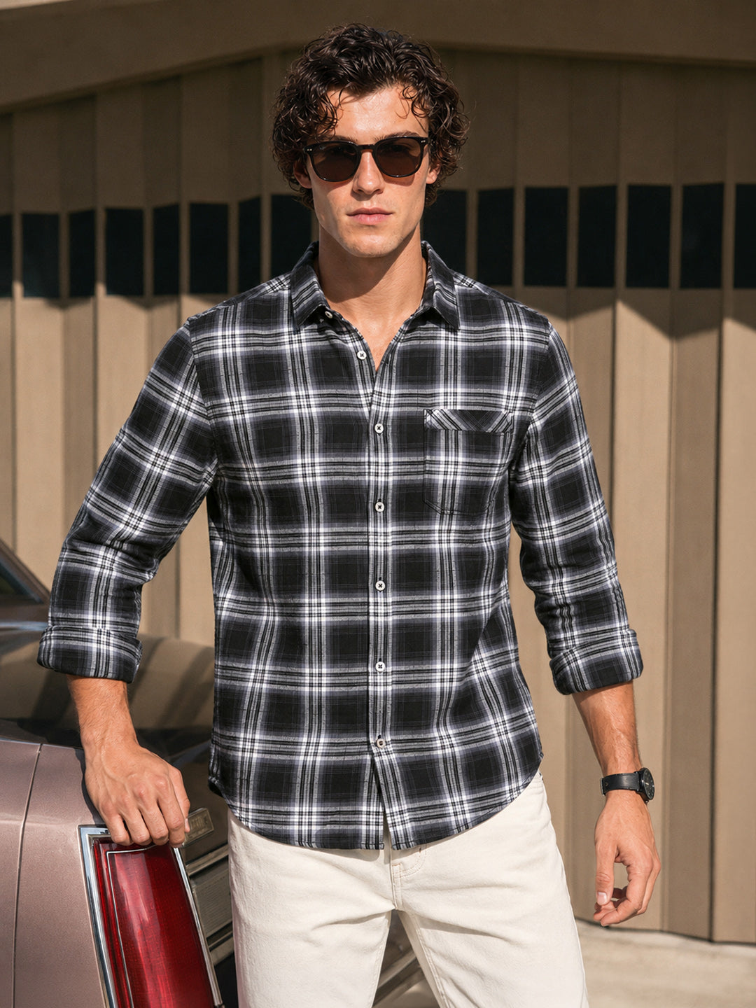 Men's Black Slim Fit Checkered Casual Shirt