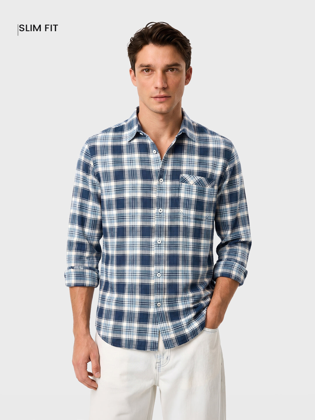 Men's Teal Slim Fit Checkered Casual Shirt