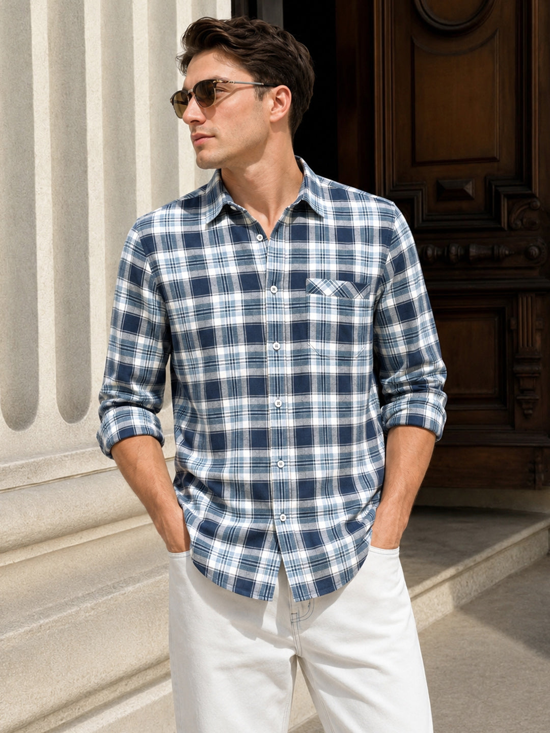 Men's Teal Slim Fit Checkered Casual Shirt