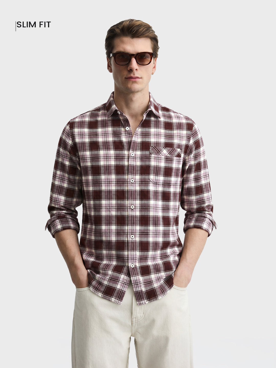 Men's Maroon Slim Fit Checkered Casual Shirt