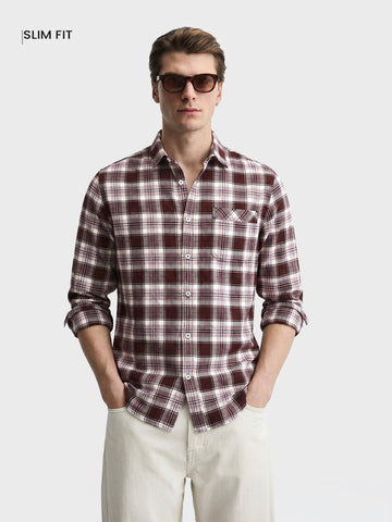 Men's Maroon Slim Fit Checkered Casual Shirt